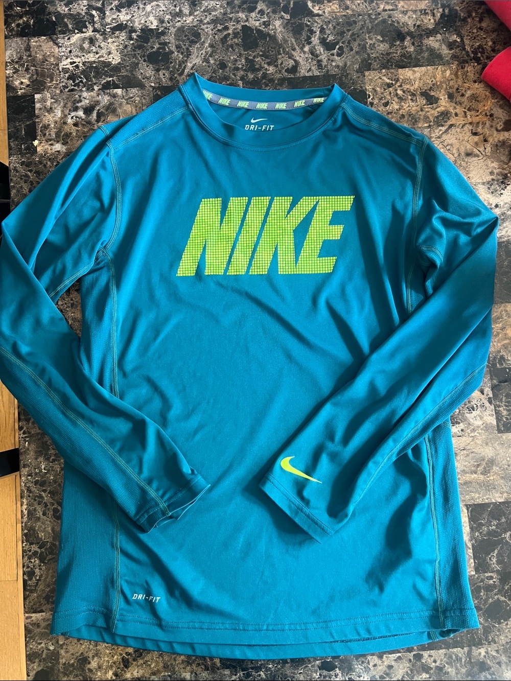 Nike Teal Long Sleeve Dri-FIT Top with Neon Yellow Logo